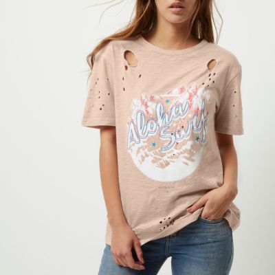 Pink surf print distressed T-shirt